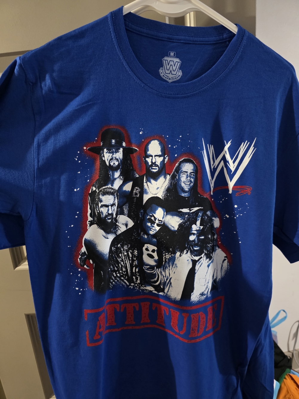 WWE Blue 'Attitude' Graphic Tee with Red & White Accents